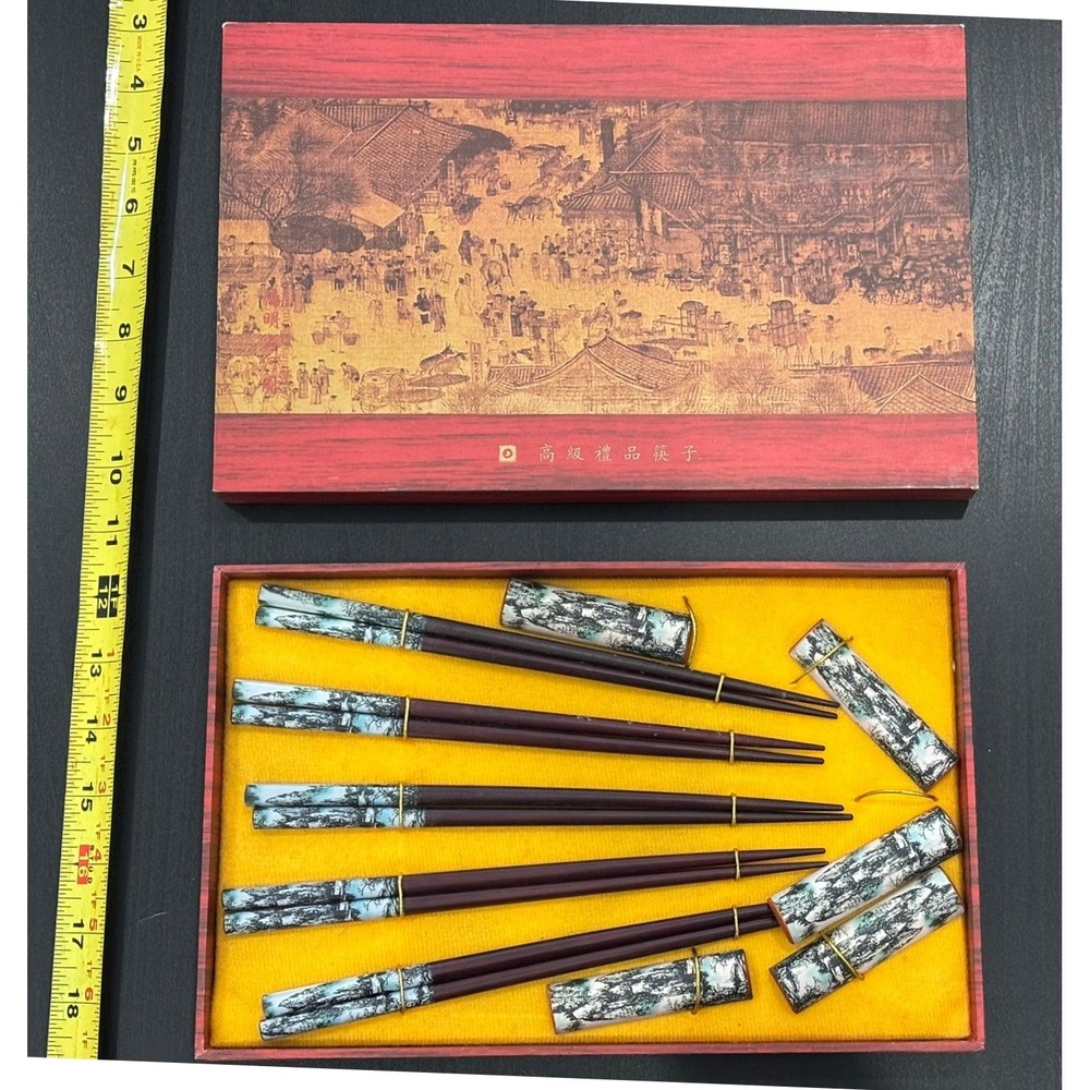 Vintage Chinese Chopstick Set 5 Pairs with Ceramic Rests Landscape Art Gift‎ Box